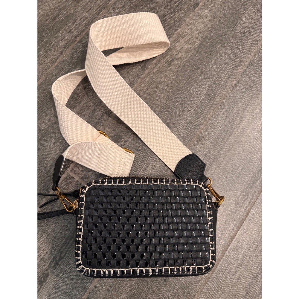 Dolce Vita Gladys Camera Bag Black Woven Leather Crossbody Bone Canvas Strap